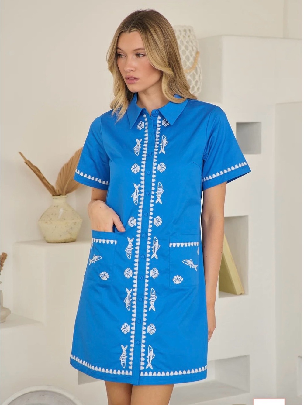 Sugarlips Blue Embroidered Nautical Short Sleeve Shirt Dress, NWT, Petite Small.